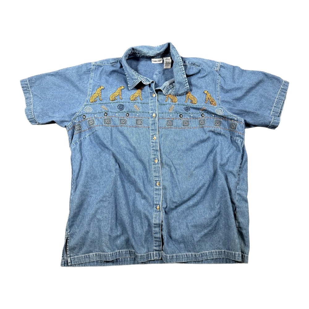 Cabin Creek Cheetah Embroidered Denim Shirt Blue Womens 2X Leopard Safari